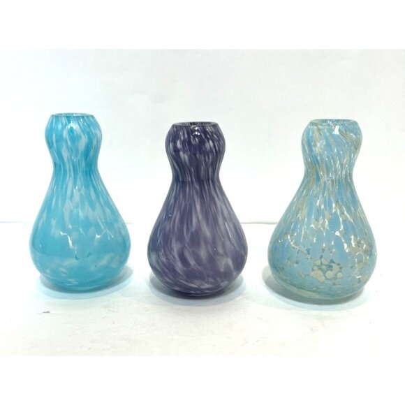 Set Of 3 Handblown Art Glass Studio Bud Vases/Bottles Blue & Purple 5" High - Picture 1 of 9